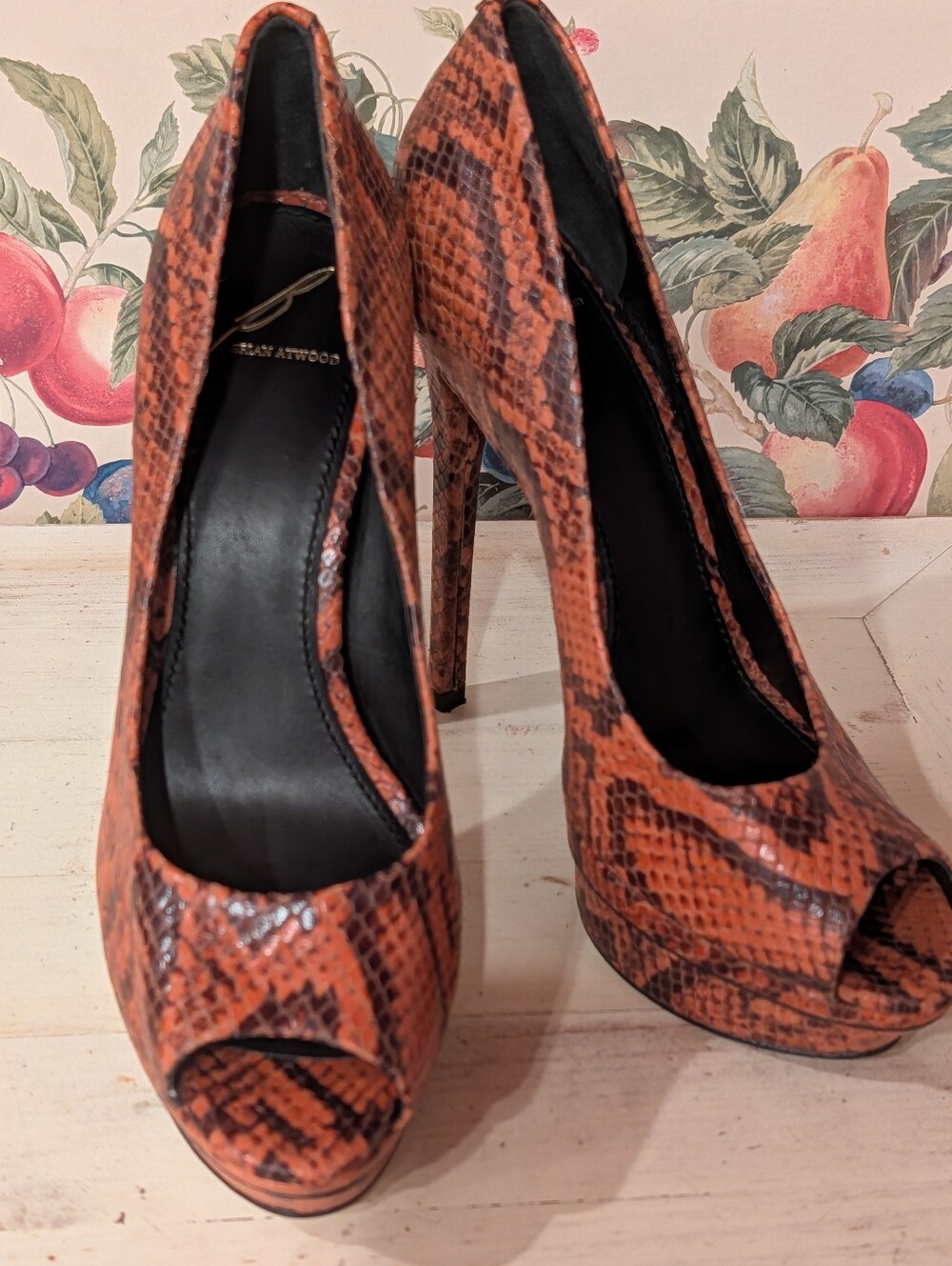 Brian Atwood Bambola Snake-Print Peep-Toe Italian Leather Stiletto Pump 8.5
